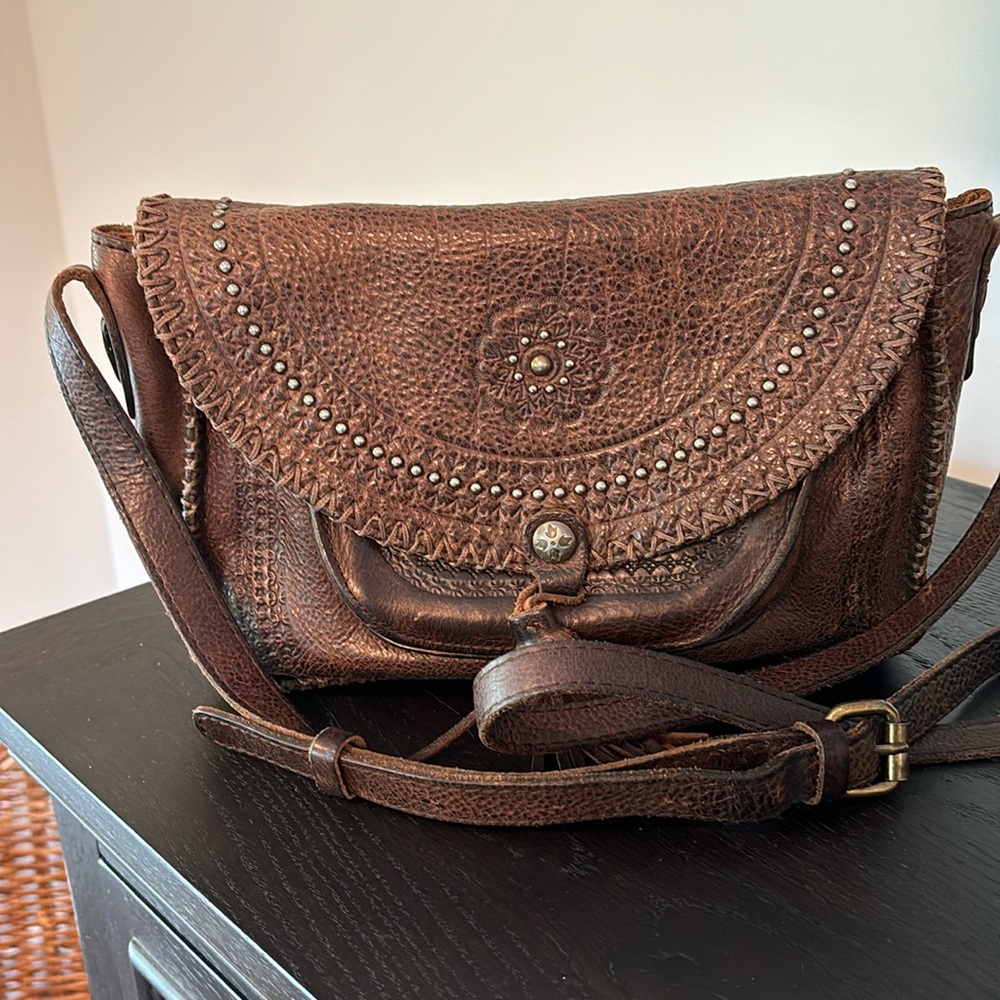 Patricia Nash brown leather western style flap bag
